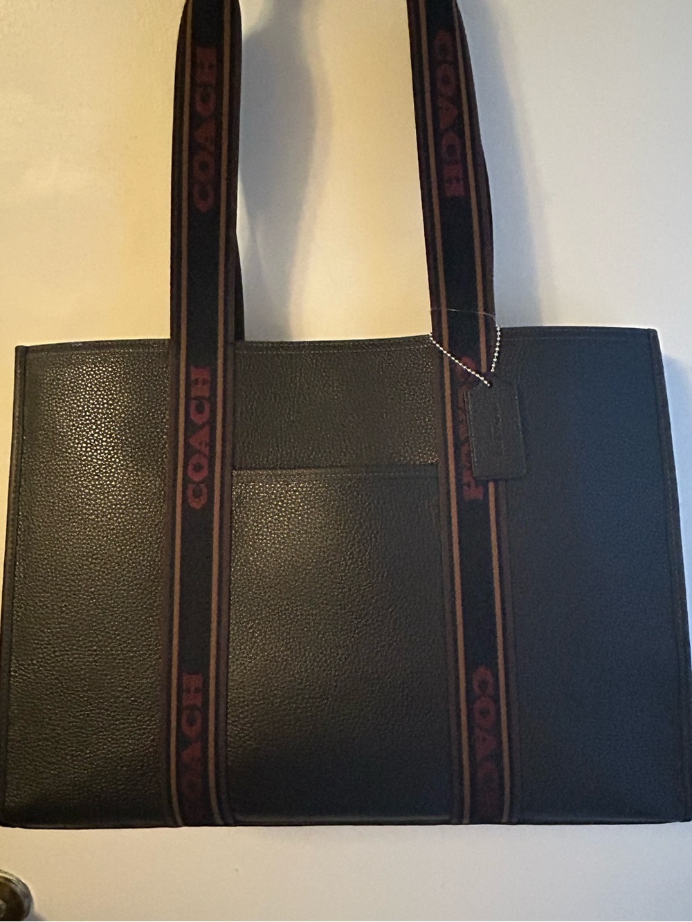 Coach Black Pebbled Leather Smith Tote with Logo Webbing Straps